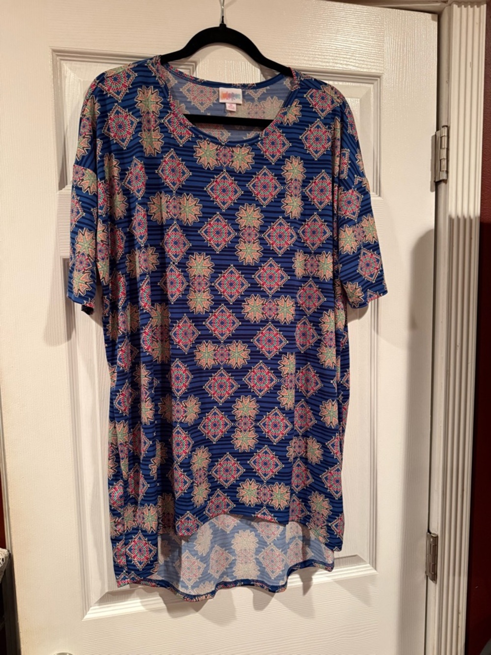 Lularoe Blue Patterned Tunic Top with Pink & Green Medallions